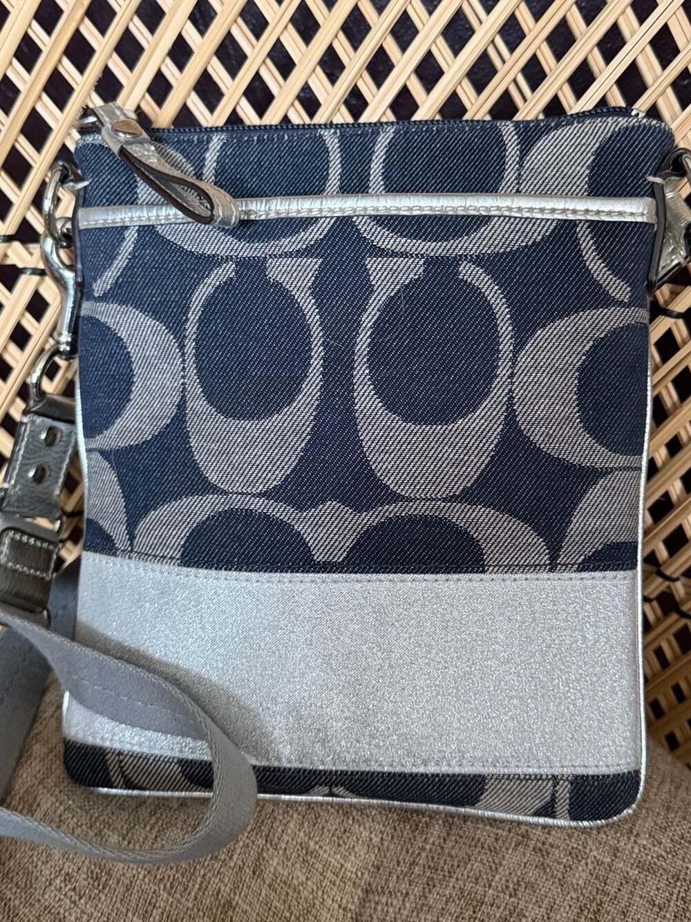 Coach Signature Stripe Denim Crossbody Bag Gray